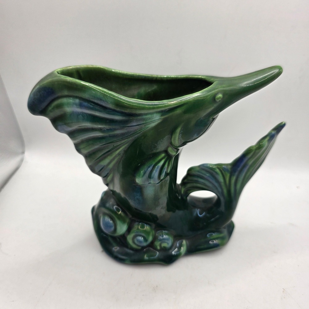 Vintage Royal Haeger Green Blue Sailfish Fish Planter Vase MCM Art Pottery USA